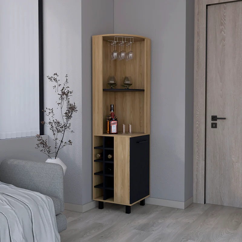 Mueble Bar Kaia en melamina con 3 estantes , 9 portacopas , 10 botelleros y gabinete inferior , multicolor , 180 cm X 45 cm X 45 cm