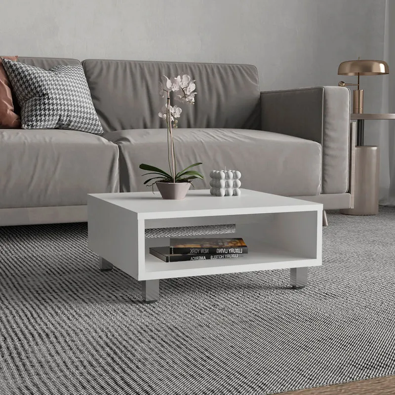 Mesa de Centro Eclipse en melamina con estantes inferior y 4 patas , blanco , 26.9 cm X 60 cm X 60 cm
