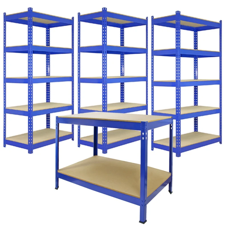 3 x Unidades de estantería metálicas Q-Rax en color azul de 90 cm, banco de trabajo y mazo de goma.